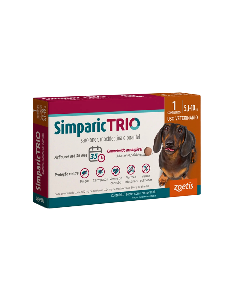 Antipulgas Simparic Trio 12mg para Cães 5,1 a 10kg Zoetis