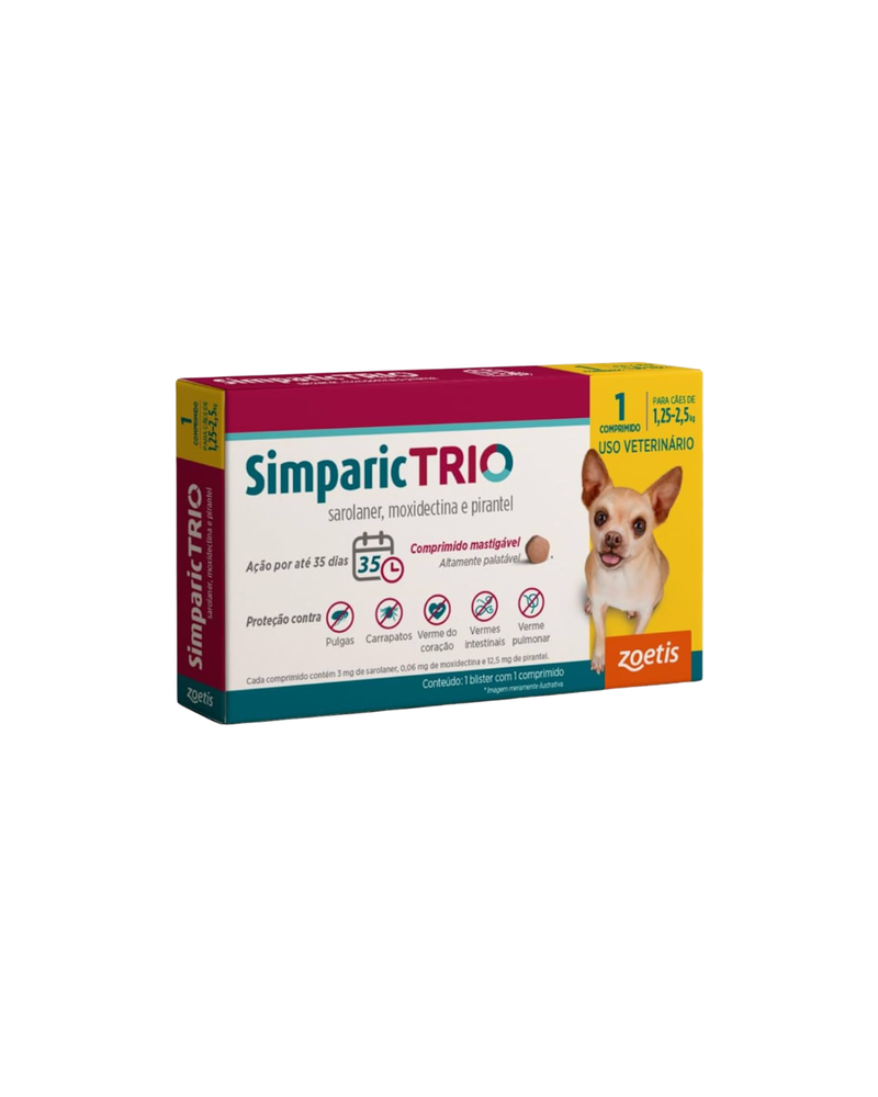 Antipulgas Simparic Trio 3mg para Cães de 1,25 a 2,5kg Zoetis