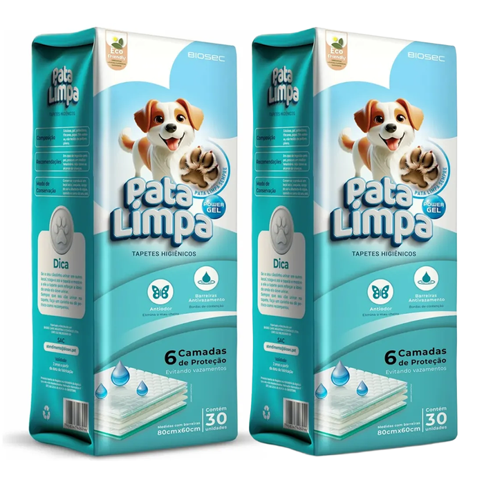Tapete Higiênico Super Absorvente Pata Limpa Pet Antiodor - 30 unidades 80x60cm biosec