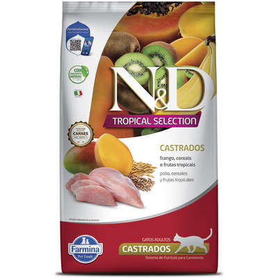 Ração Seca N&D Tropical Selection Frango, Cereais e Frutas Tropicais para Gatos Adultos Castrados Farmina