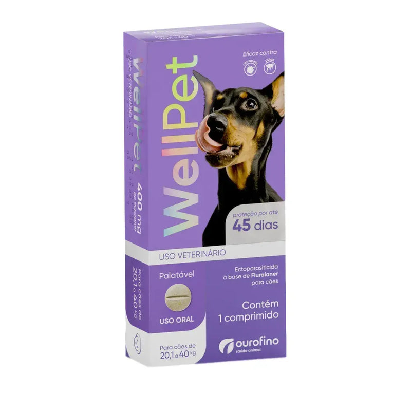 Antipulgas e Carrapatos Wellpet 400 mg para Cães de 20.1 a 40kg - 1 comprimido Ourofino