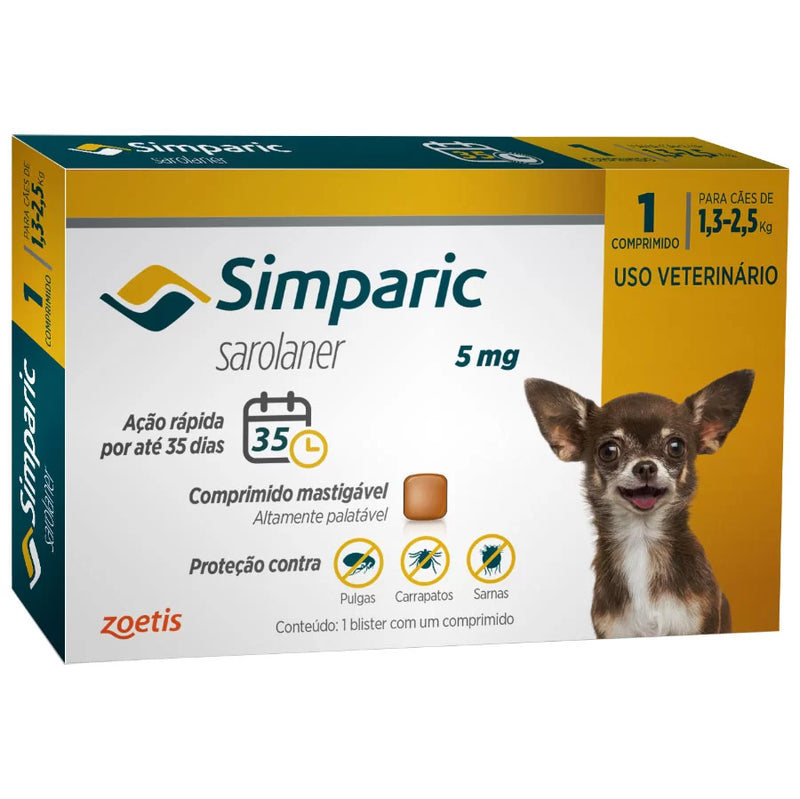 Antipulgas Simparic 5 Mg para Cães 1,3 a 2,5 Kg - 1 comprimidos - shopcao