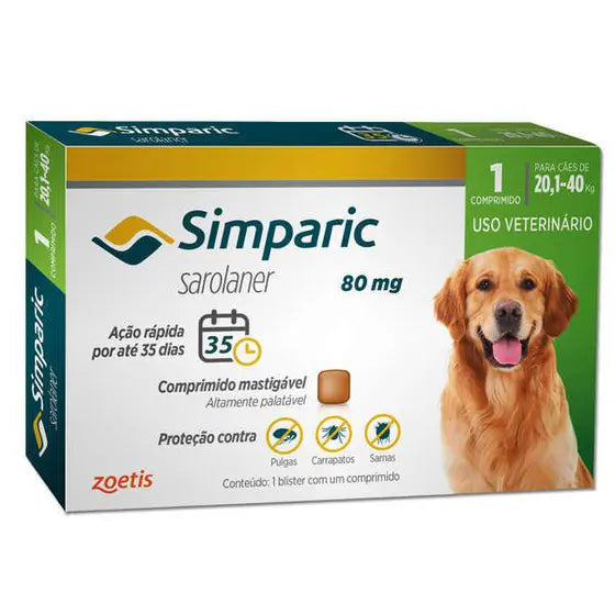 Antipulgas Simparic 80 Mg para Cães 20,1 a 40 Kg - 1 comprimido - shopcao