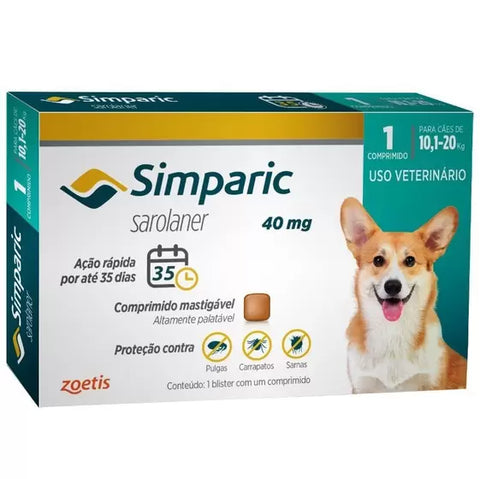 Antipulgas e Carrapatos Simparic 40 mg (10,1 a 20 kg) – 1 ou 3 Comprimidos