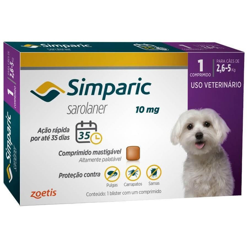 Antipulgas Simparic para Cães 10 mg para 2,6Kg a 5 Kg  - 1 Comprimido - shopcao