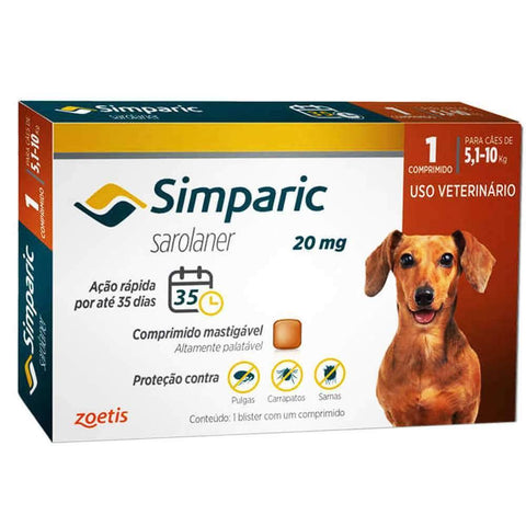 Antipulgas e Carrapatos Simparic 20 mg (5,1 a 10 kg) – 1 ou 3 Comprimidos
